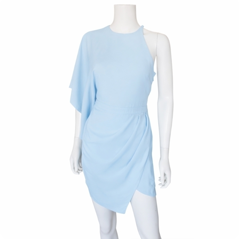 MICHAEL COSTELLO X REVOLVE | Blue One Shoulder Draped Asymmetric Mini Dress XS